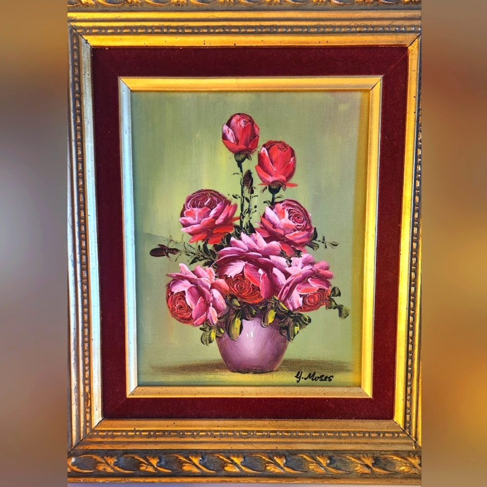G Moses Signed American Art Flowers Still Life Vintage Retro Oil Painting